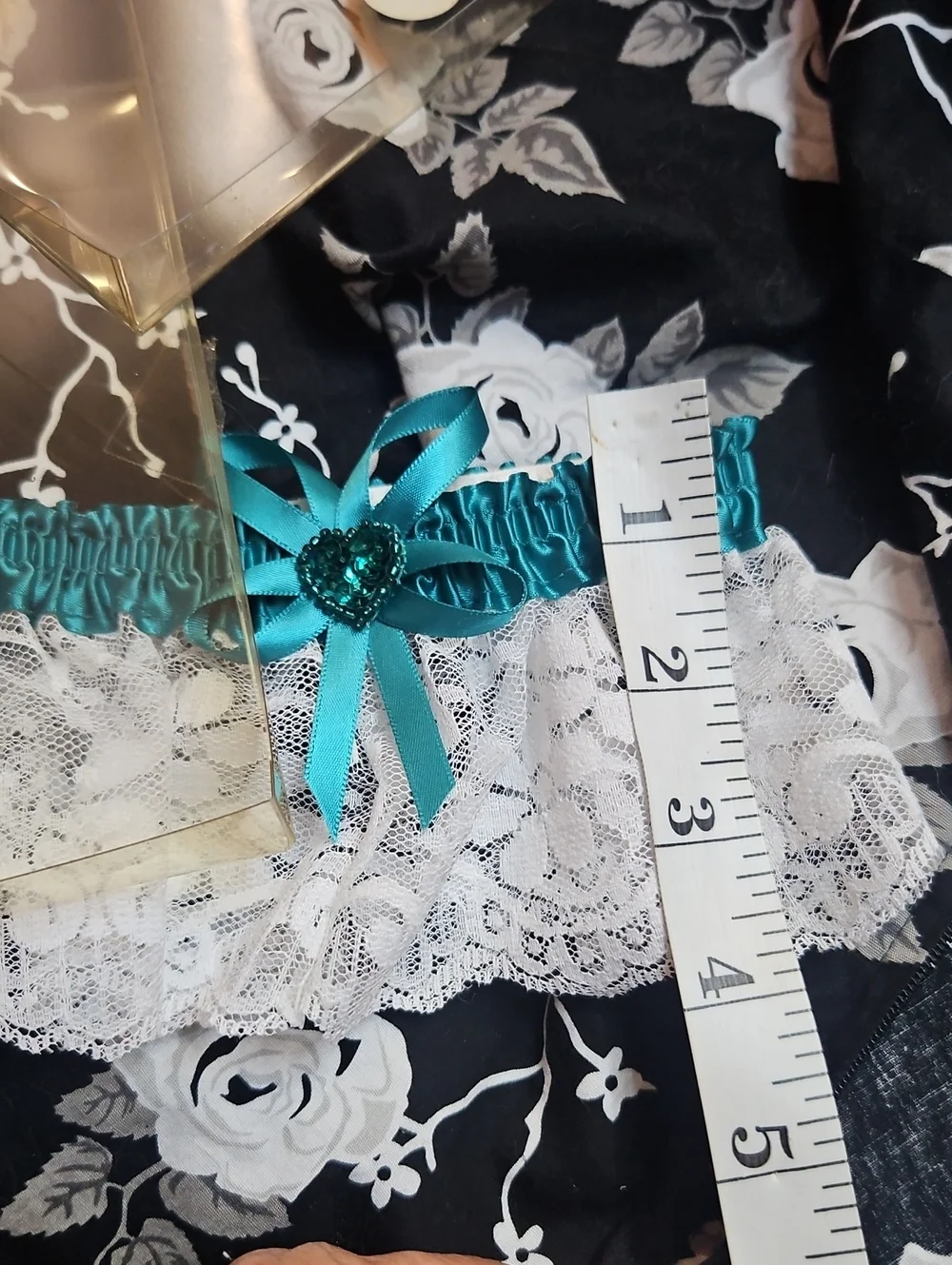 Vintage 90s Teal Satin & White Lace Decorative Bridal Garter With Box